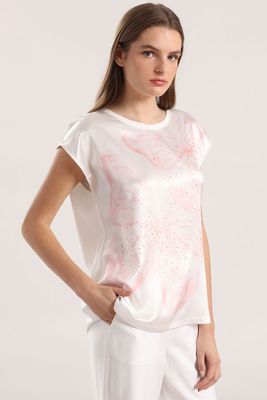 Polera satín estampado y strass liola mujer crudo