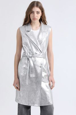 Chaqueta Larga Efecto Gamuza Metalizada, Plateado Liola