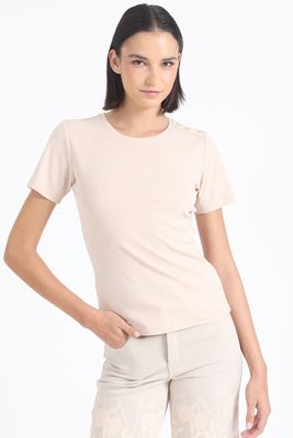 Polera Algodón Spandex Aplicación Strass, Beige Liola