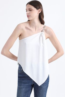 Top Asimetrico, Gasa Doble, Aplicación Strass, Crudo Liola