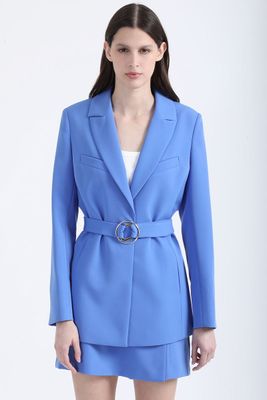 Blazer Largo Entallado Con Cinturon, Azul Liola