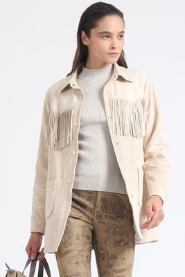 Chaqueta Larga Flecos Efecto Gamuza, Beige Liola