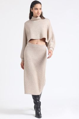 Falda Midi Tejido, Tubo, Con Hilo Metalizado, Beige Liola