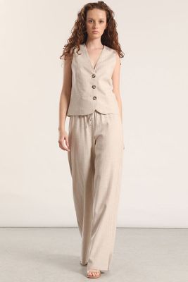 Pantalón recto lino rayas liola mujer beige