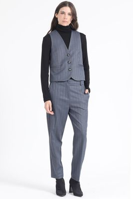 Pantalon Sastre, Tiro Alto, Espiga Listado, Azul Liola
