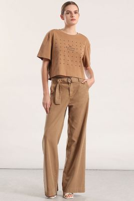 Polera algodon, tachas mujer Liola camel