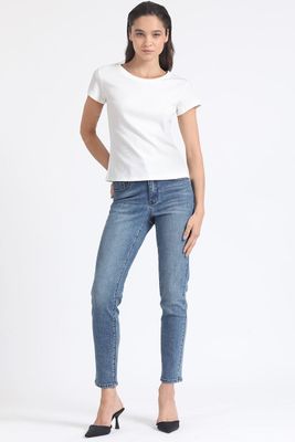 Jeans Skinny Tiro Medio, Doble Pretina, Azul Liola