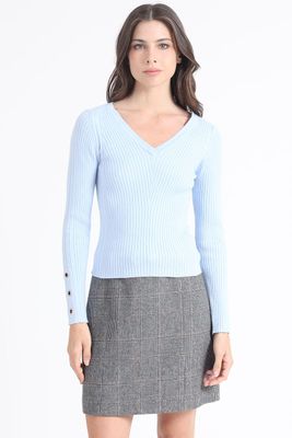 Sweater Tejido Punto, Boton Decorativo, Celeste Liola