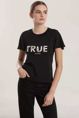 Polera algodon aplicacion joya mujer Liola negro