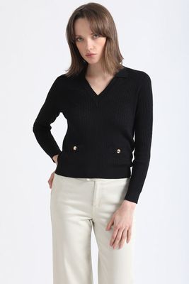Tejido Punto Trenzado Con Cuello, Negro Liola