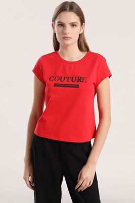 Polera spandex texto mujer Liola rojo