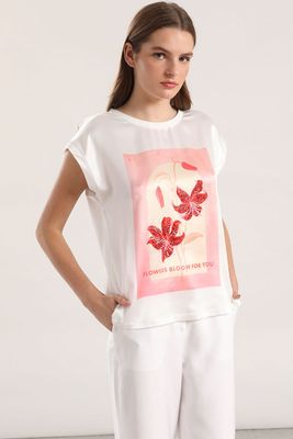 Polera satin flor estampada liola mujer crudo