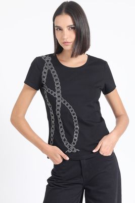 Imagen 1 del producto Polera Algodón Spandex, Cadena Strass, Negro Liola