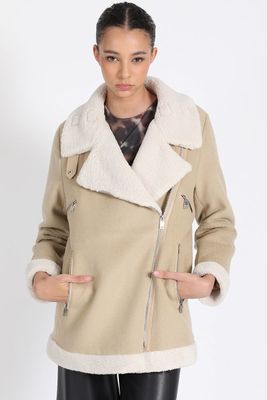 Chaqueta Larga Biker, Doble Faz Efecto Piel, Beige Liola