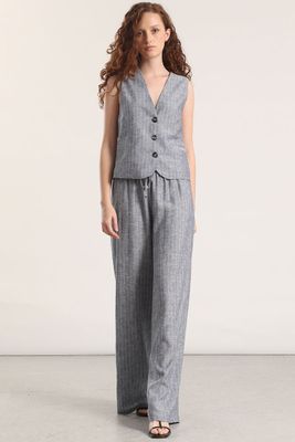 Pantalón recto lino rayas liola mujer azul