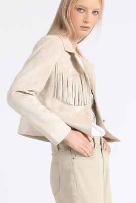 Chaqueta Cropped Efecto Gamuza, Flecos, Beige Liola