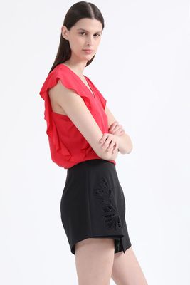 Falda Pantalón Tiro Alto, Con Bordado Richelieu, Negro Liola