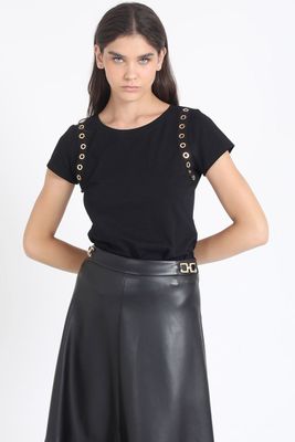 Polera Algodon, Aplicación Ojetillos, Negro Liola