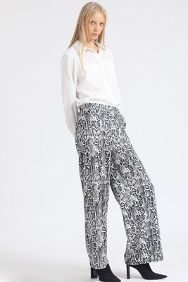 Pantalon Ancho, Tiro Alto, Estampado Piton, Beige Liola