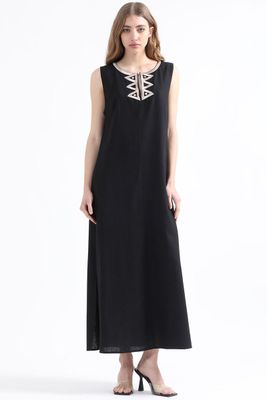 Imagen 2 del producto Vestido Maxi Con Lino, Bordado, Negro Liola