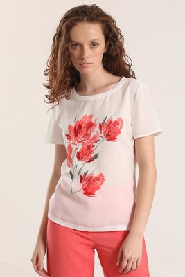 Polera satín estampado flor liola mujer crudo