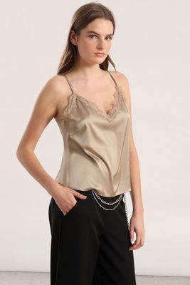 Top lencero mix satin encaje mujer Liola beige