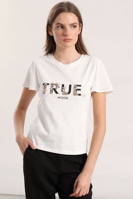 Polera algodon aplicacion joya mujer Liola crudo