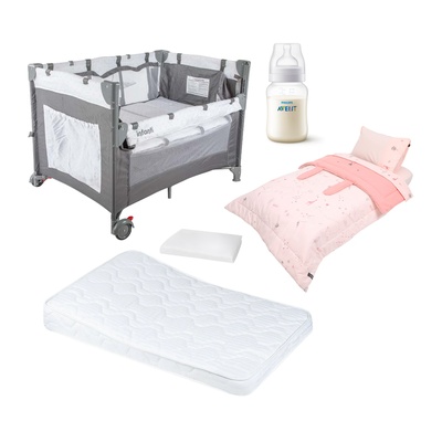 Cuna + Colchón Antirreflujo + Sábanas Infanti + Protector + Mamadera Avent