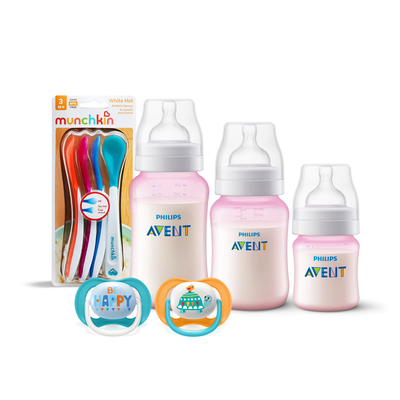 3 Mamaderas Rosa + Set de 2 chupetes 6-18 meses y 4 Cucharas