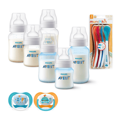 6 Mamaderas Blanco y Azul + 4 Cucharas y 2 Chupetes 6-18meses