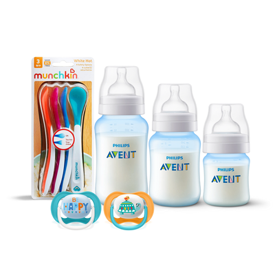 3 Mamaderas Blue + Set de 2 chupetes 6-18 meses y 4 Cucharas