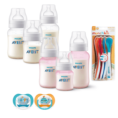 Imagen 1 del producto Set 6 Mamaderas Bicolor Blanco y Rosa, Cucharas y 2 Chupetes 6-18 meses