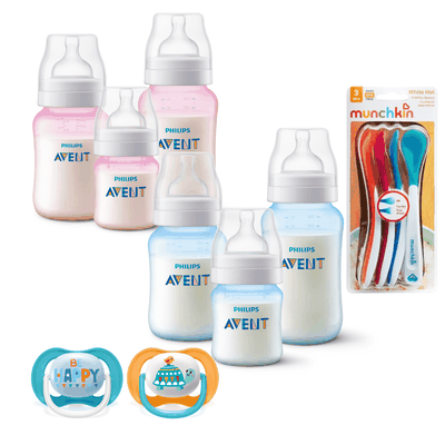 6 Mamaderas Rosa y Azul, 4 Cucharas y 2 Chupetes 6-18meses