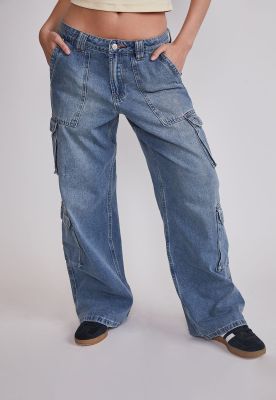 Jeans Mujer Cargo Tiro Medio Celeste Sioux