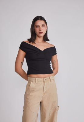 Polera Mujer Pliegues Hombros Negro Sioux