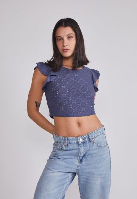 Polera Mujer Texturada Broderie Azul Sioux