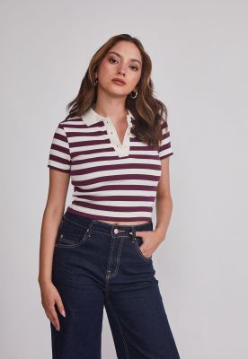 Polera Mujer Listada Con Cuello Burdeo Sioux