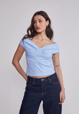 Polera Mujer Pliegues Hombros Celeste Sioux