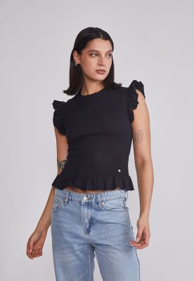 Polera Mujer Vuelos Mangas Negro Sioux