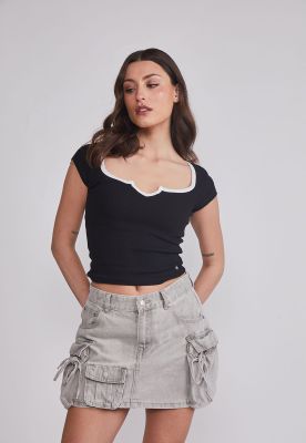 Polera Mujer Escote Contraste Negro Sioux