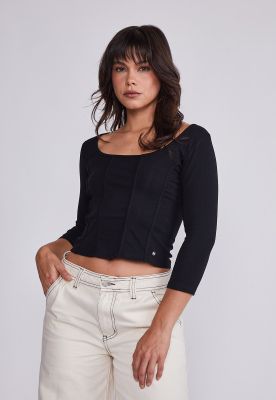 Polera Mujer Negro Manga Larga Tipo Corset Sioux