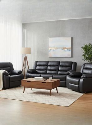 Imagen 1 del producto Living Sofá 3 Cuerpos Reclinable Roma Negro + 2 Bergers KM060BL