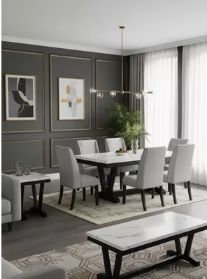 Juego de Comedor 6 Sillas Rodeus + Mesa de Centro + Mesa Lateral Mármol Blanco