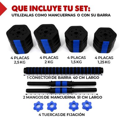 Imagen 2 del producto Mancuernas Ajustables Set de 30 Kg Total Fitnics 2en1 +Barra
