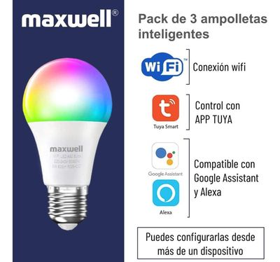 Imagen 2 del producto Ampolletas Inteligentes Set x3 Maxwell E27 Wifi Tuya RGB 9W