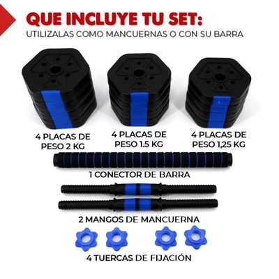 Imagen 2 del producto Mancuernas Ajustables Set de 20 Kg Total Fitnics 2en1 +Barra