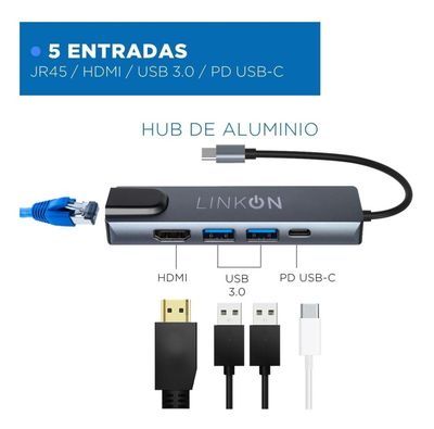 Imagen 2 del producto HUB USB-C 5 en 1 con entrada RJ45 de alta velocidad LinkOn