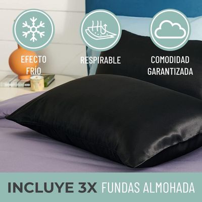 Imagen 2 del producto Funda Almohada Satin tipo Seda Set 3 unidades 50x76cm Tamano Unico 76x50 Negro