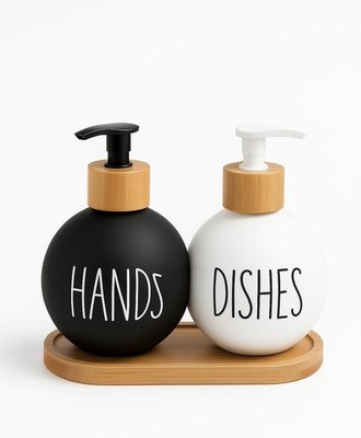 2 Dispensador De Jabon Y Detergente Botella 500 Ml +bandeja Blanco Y Negro WakesHome