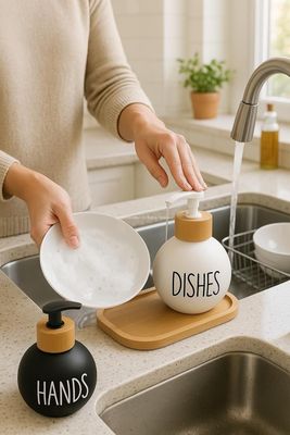 Imagen 2 del producto 2 Dispensador De Jabon Y Detergente Botella 500 Ml +bandeja Blanco Y Negro WakesHome